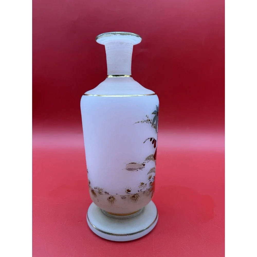 Hand Painted Floral White Opaline Bristol Glass Bottle/Vase 6.75